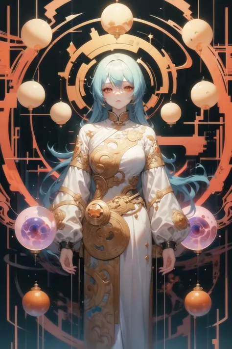 anzhcdreamwave, aesthetic, (masterpiece:1.2), best quality, PIXIV, taoist, a character standing in front of {red|blue|green|yellow|white|violet|orange} glowing taoist, transparent
