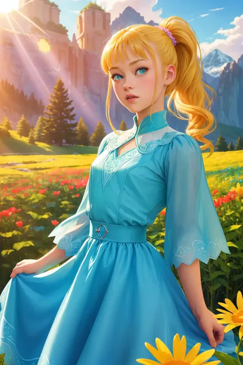 (Style-GHL:1.5) zrpgstyle, AS-YoungerV2 SashaNobodySD15 medieval child princess teal dress, elaborate, ornate, adventurer cape, (top pony tail:1.1), standing in a tall field of flowers, (foreground flowers:1.2), tree canopy overhead (alpine mountains:1.1),...