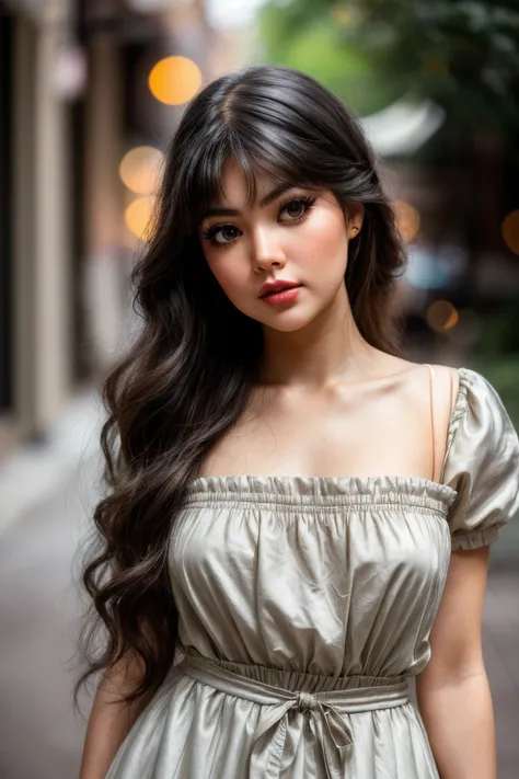 photo of (EP0x1ll3ry:0.99), closeup portrait, perfect hair, (modern photo, yellow loose-fitting full body clothing, square neck, silk,   short sleeves, high-low hemline, drop waist, ball gown skirt, ribbons,,cargo straps,,light wash,,vintage design), 24mm,...