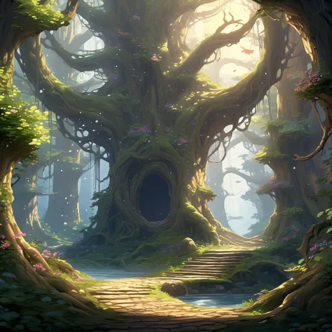 A magical, enchanted forest bathed in soft, ethereal light. Giant, ancient trees with twisting roots and luminous leaves, fairies fluttering around, and a clear path leading to a mysterious, glowing portal