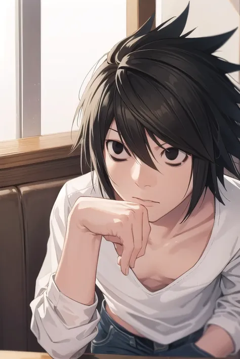 lawliet, <lora:lawliet manga-lora-nochekaiser:1>,
lawliet, male focus, spiked hair, (black eyes:1.5), black hair,
BREAK shirt, white shirt, collarbone, long sleeves, pants, denim,
BREAK indoors,
BREAK looking at viewer, (cowboy shot:1.5),
BREAK <lyco:GoodH...