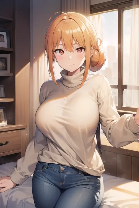 yuigahamama, <lora:yuigahamama-lora-nochekaiser:1>,
yuigahamama, hair bun, mature female, (orange eyes:1.5), orange hair, short hair, single hair bun, hair between eyes, sidelocks, smile,
BREAK denim, jeans, pants, sweater, turtleneck, turtleneck sweater, ...