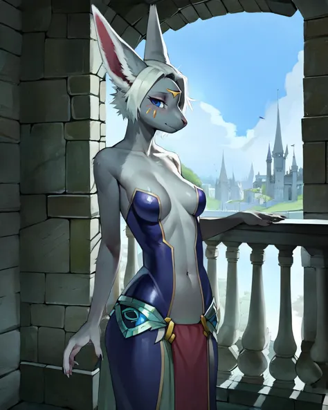 character portrait of a sexy,female,anthro,mineru,solo,hi res,soft shading,good anatomy,cinematic lighting,by woolrool,buta99,(by crayon (artist):0.5),detailed background,castle,indoors,4k,three-quarter view,standing,realistic,open bodysuit,loincloth,skirt...