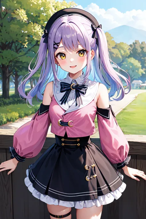 masterpiece, best quality, highres, aaruna, long hair, two side up, hair bow, hairclip, beret, black headwear, black bowtie, crescent, shoulder cutout, pink shirt, detached sleeves, long sleeves, black skirt, frilled skirt, single thighhigh, <lora:shinomiy...