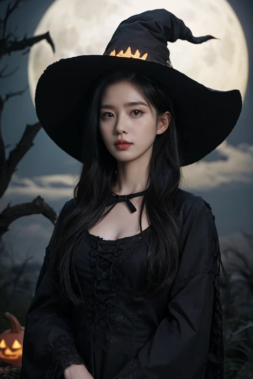 1girl, solo, wearing a witch outfit with white long hair, hallowen theme background with gloomy pumpkin glowing in the dark and full moon, mature body, upper body, wearing witch hat,