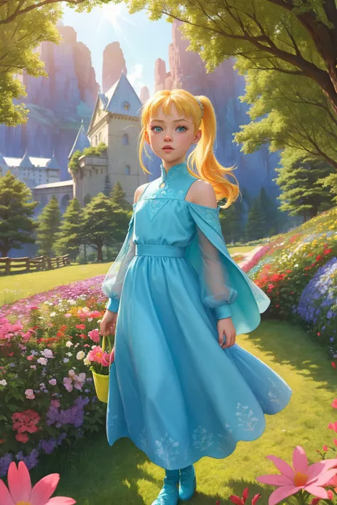 (Style-GHL:1.5) zrpgstyle, AS-YoungerV2 SashaNobodySD15 medieval child princess teal dress, elaborate, ornate, adventurer cape, (top pony tail:1.1), standing in a tall field of flowers, (foreground flowers:1.2), tree canopy overhead (alpine mountains:1.1),...