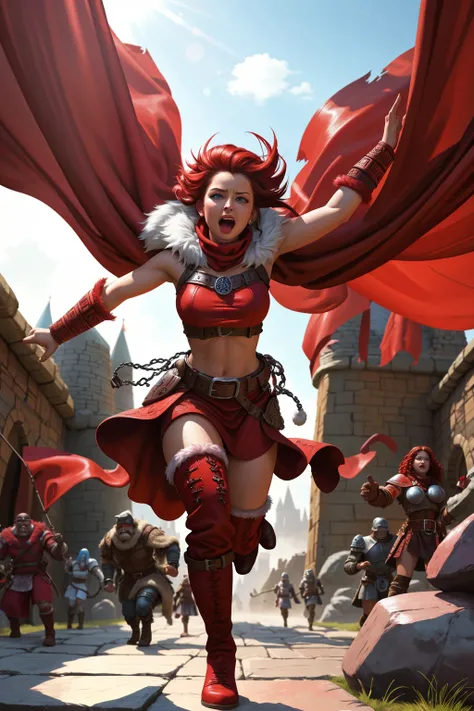 (Style-GHL:1) zrpgstyle, dungeons and dragons scene, medieval barbarian woman with cape running into battle, leather and fur boots warriors and red banners, great stone castle (masterpiece) (best quality) (detailed) (intricate)