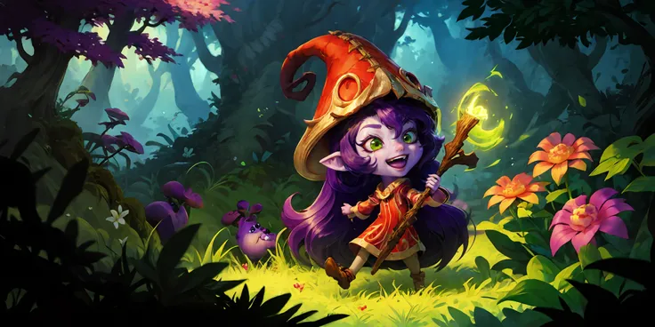 HEZI, LOL, (lol style), game cg, lulu (league of legends), 1girl, purple hair, staff, hat, nature, forest, green eyes, open mouth, flower, long hair, yordle, tree, purple skin, colored skin, animal ears, smile, very long hair, witch hat, grass, mushroom, p...