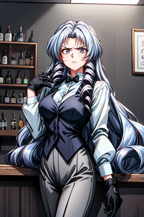 1girl, cowboy shot, (bar:1.2), serious, 
vg_reimi, grey eyes, grey hair, very long hair, drill hair, gloves, bowtie, white shirt, long sleeves, black vest, gray pants, <lora:VG_reimi_lora_ver1:0.7>, best quality, masterpiece, highres, <lora:GoodHands-vanil...