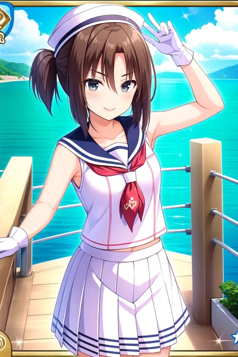 (masterpiece, best quality), highly detailed background, perfect lightingbest quality, iwamototatsuru, solo, outdoors, watercraft, sailor hat, white headwear, brown hair, long hair, ponytail, side ponytail, grey eyes, white serafuku, neckerchief, sailor co...