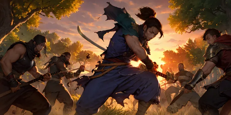 HEZI,LOL,(lol style),game cg,weapon,sword,holding weapon,tree,holding sword,holding,long hair,multiple boys,ponytail,male focus,sheath,outdoors,facial hair,black hair,nature,forest,battle,muscular,shoulder armor,torn,beard,armor,6+boys,katana,jumping,pants...