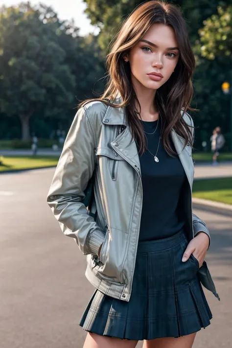 photo of S252_GretaBrooks,a stylish woman,in a (park:1.1),wearing a (jacket:1.1) and a (skirt),sunset,(4k, RAW photo, best quality, depth of field, ultra high res:1.1),(absurdres, intricate, photorealistic, masterpiece, ultra-detailed:1.2),