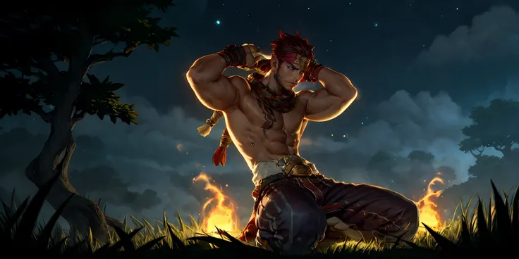 HEZI,LOL,(lol style),game cg,thick arms,biceps,solo,muscular,sky,male focus,armpits,muscular male,1boy,abs,tree,tattoo,grass,manly,bara,armband,pectorals,night sky,cloudy sky,night,outdoors,nipples,mature male,thick thighs,pants,topless male,chest tattoo,c...