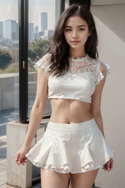 detailed, beautiful, cute, full body shot, scenic view, professional photo
<lora:Micro Crop & Skirt By Stable Yogi:0.8> ivory micro crop top, frills, lace, micro skirt