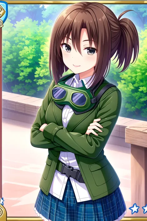 (masterpiece, best quality), highly detailed background, perfect lightingbest quality, iwamototatsuru, solo, outdoors, brown hair, long hair, ponytail, side ponytail, grey eyes, goggles, goggles around neck, green coat, long sleeves, <lora:GoodHands-vanill...