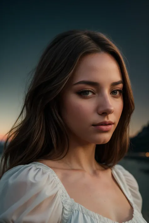 perfect cinematic shoot of a beautiful woman (EPKohSylw14M4jd4k:.99), a woman standing at a mont saint michel, perfect hair, wearing sexy Salmon (Bow-front blouse with a sweetheart neckline and puffed sleeves), (bioluminescent algae blooms in background:1....