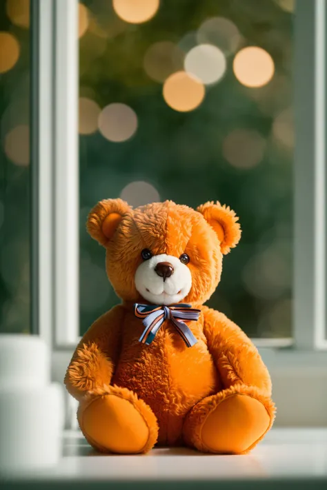 (Style-DoF:1.4) product photography of a teddy bear sitting on a desk in a bedroom, morning light coming through a window, (foreground:1.3), orange and teal color grading (masterpiece) (best quality) (detailed) (intricate)