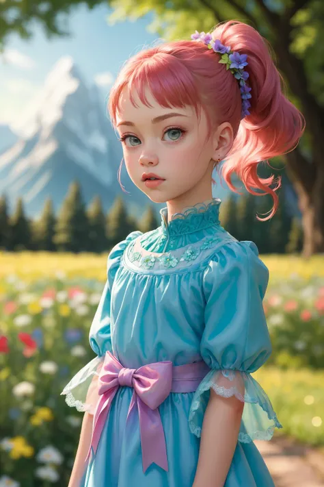 (Style-DoF:1.5) zrpgstyle, AS-YoungerV2 SashaNobodySD15 medieval child princess teal dress, elaborate, ornate, adventurer cape, (top pony tail:1.1), standing in a tall field of flowers, (foreground flowers:1.2), tree canopy overhead (alpine mountains:1.1),...