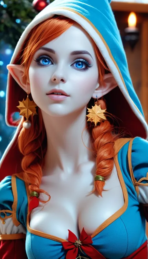 A cute female elf, fantasy, detailed piercing eyes, scenery, detailed background, masterpiece, best quality, high quality, absurdres, blue theme, xmas <lora:xmas_xl_v1:1>