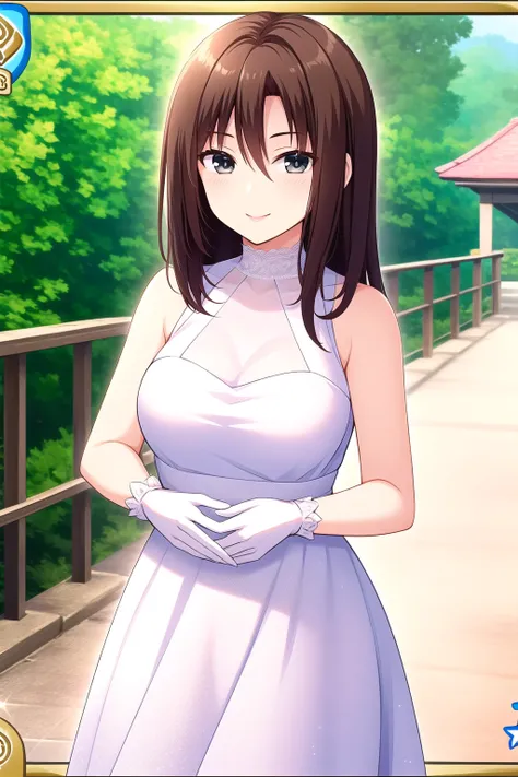 (masterpiece, best quality), highly detailed background, perfect lightingbest quality, iwamototatsuru, solo, outdoors, brown hair, long hair, grey eyes, bare shoulders, white dress, sleeveless dress, <lora:GoodHands-vanilla:1>, white gloves, smile, closed ...