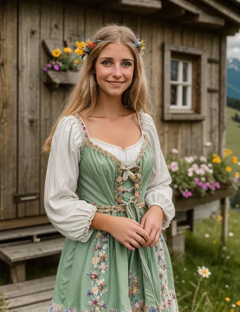 n4d1n photo of (n4d1n) girl, RAW, nature, Spectacular light, Tyrolean dress intricate color, (Colorful flowering), 8k, soft lighting, high quality, film grain, Olympus OM1 sharp focus, f 3.4, ((detailed eyes)), (seductive pose), upper body, breast, smile, ...