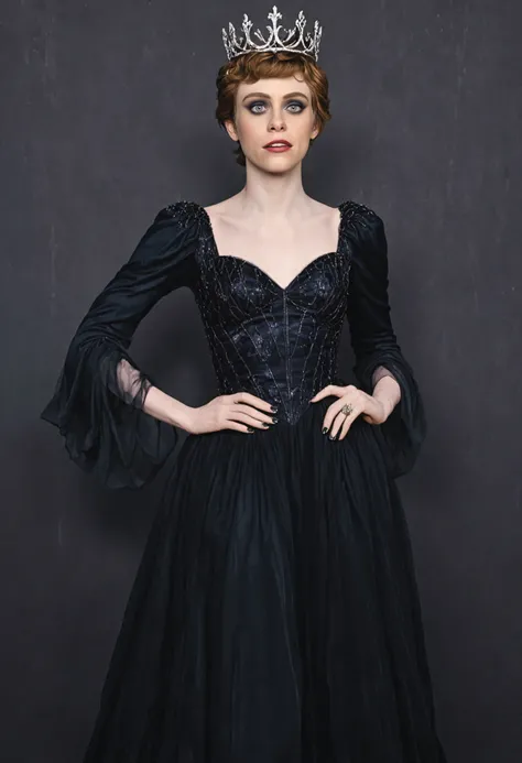 sophialillis as an evil disney queen in a black dress with dark makeup and a mischievous arrogant look <lora:Sophia_Lillis_SDXL-000016:1>