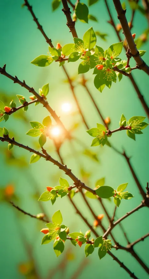 the branches of spring emit green tender buds,revealing orange sunlight spots,cinematic scenery high quality,very coherent,trend...