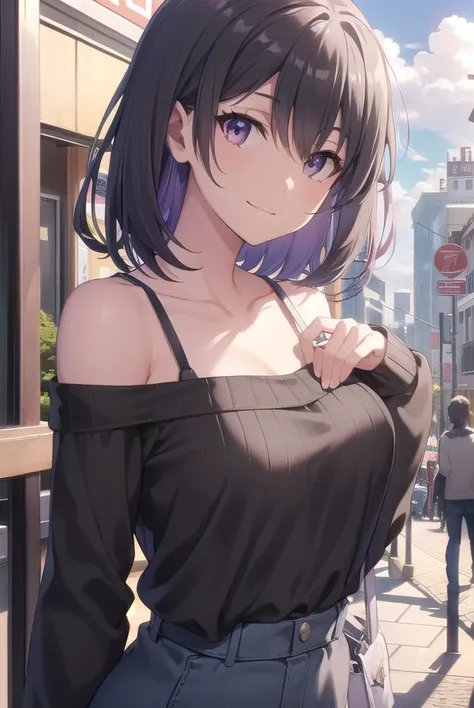 harunoyukinoshita, <lora:haruno yukinoshita-lora-nochekaiser:1>,
haruno yukinoshita, short hair, hair between eyes, (black eyes:1.5), black hair, gradient hair, two-tone hair, purple hair, smile,
BREAK sweater, off shoulder, bra strap, purple sweater, long...