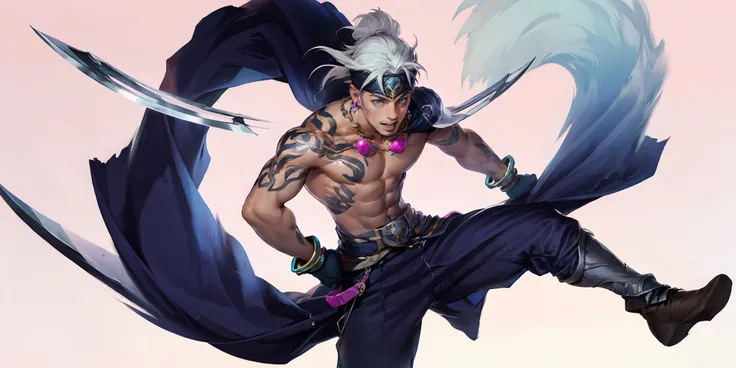 HEZI,LOL,(lol style),game cg,1boy,long hair,pants,male focus,ponytail,jewelry,weapon,looking at viewer,bangs,tattoo,bell,white hair,single bare shoulder,green eyes,holding,facial hair,gloves,blue eyes,closed mouth,holding weapon,headband,animal,cat,pink ba...