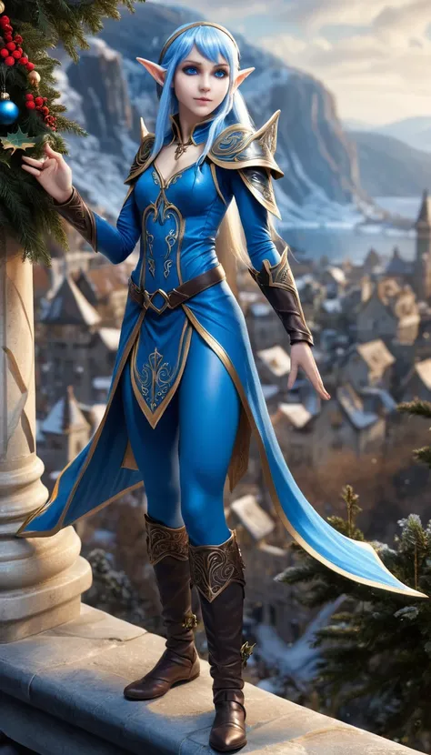 A blue epoch elf, detailed piercing eyes, scenery, hero view, full body, action pose, detailed background, masterpiece, best quality, high quality, absurdres, xmas <lora:xmas_xl_v1:1>