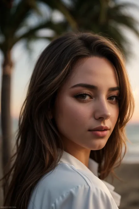 perfect cinematic shoot of a beautiful woman (EPKohSylw14M4jd4k:.99), a woman standing at a beach, palm tree, towel, perfect hair, wearing sexy Strawberry (Tuxedo jacket), (eclipse in background:1.2), (detailed background:1.1), (face focus), modelshoot sty...