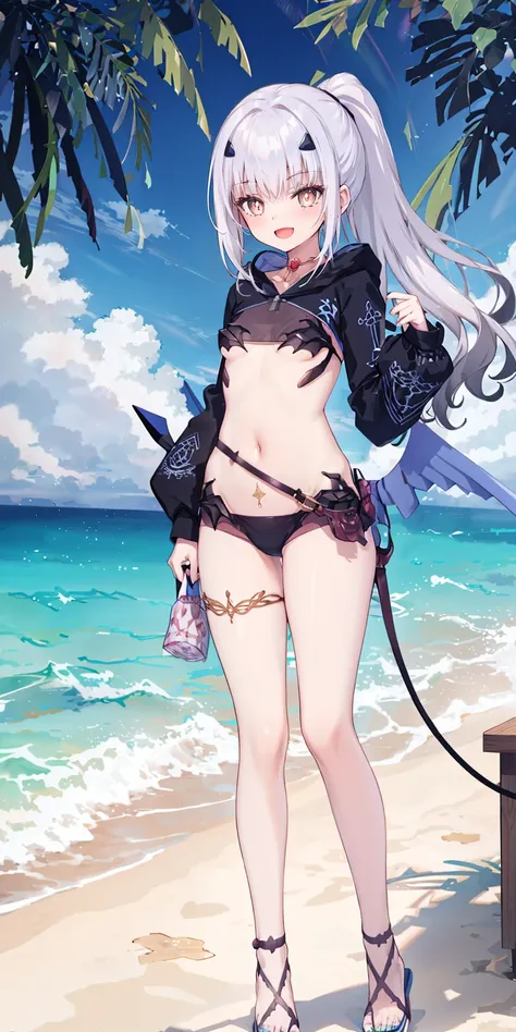 (extremely detailed CG), (best quality), 1girl, small breasts, perfect face, bright pupils, (finely detailed beautiful eyes), shiny skin, lustrous skin, wide hips, narrow waist, very long hair, ponytail, sidelocks, forked eyebrows, bangs, wings, tail, long...