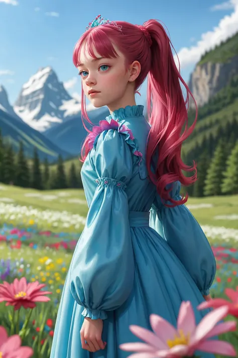 (Style-BlurFore:1.5) zrpgstyle, from below,  SashaNobodySD15 medieval child princess teal dress, elaborate, ornate, adventurer cape, (top pony tail:1.1), standing in a tall field of flowers, (large foreground flowers framing the composition:1.3), tree cano...