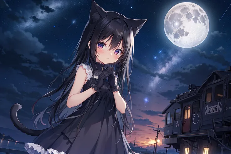 noir_cg, noir, xingbailieche, 1girl, solo, animal_ears, cat_ears, black_gloves, dress, cat_tail, tail, long_hair, sky, gloves, very_long_hair, cat_girl, sleeveless, black_dress, sleeveless_dress, night, black_hair, bangs, moon, hair_between_eyes, night_sky...