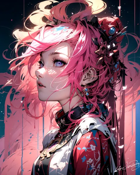 a close up of a woman with pink hair and a pink wig,  glowing pink face,  headpiece,  earrings,  jewellery,  beeple and jeremiah ketner,  magenta lighting. fantasy,  beautiful digital artwork,  gorgeous digital art,  jen bartel,  anime girl with cosmic hai...