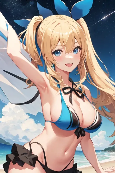 best quality, masterpiece, highres, solo, {night:1.10}, {starry sky:1.10}, beach, beautiful detailed sky, {extremely detailed background:1.20}, {akari_bluearchive:1.15}, {standing:1.10}, looking at viewer, {bikini:1.30}, blonde_hair, long_hair, blue_eyes, ...