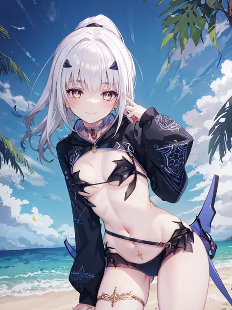 (extremely detailed CG), (best quality), 1girl, small breasts, perfect face, bright pupils, (finely detailed beautiful eyes), shiny skin, lustrous skin, wide hips, narrow waist, very long hair, ponytail, sidelocks, forked eyebrows, bangs, wings, tail, long...