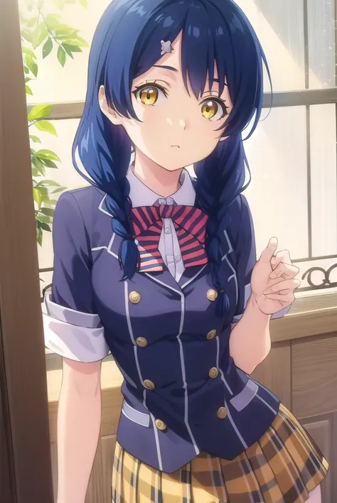 megumitadokoro, <lora:megumi tadokoro s1-lora-nochekaiser:1>,
megumi tadokoro, long hair, blue hair, (yellow eyes:1.3), braid, twin braids,
BREAK bow, school uniform, striped, bowtie, blazer, striped bowtie, blue blazer, brown skirt, plaid skirt, plaid,
BR...