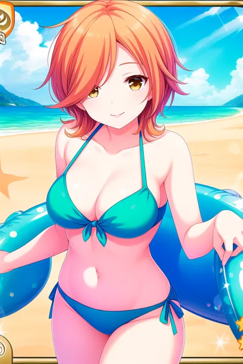 (masterpiece, best quality), highly detailed background, perfect lightingbest quality, yoshinagawakana, solo, outdoors, beach, orange hair, brown hair, short hair, yellow eyes, brown eyes, breasts, blue bikini, <lora:GoodHands-vanilla:1>, swimsuit, smile, ...