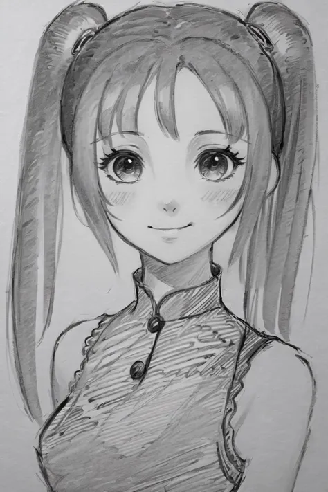 ((masterpiece, best quality)),  pretty eyes,  detailed face, 
, (Pencil_Sketch:1.2,  messy lines,  greyscale,  traditional media,  sketch), 
1girl,  solo,  smile,  dress,  twintails,  sleeveless,  short twintails,  breasts,<lora:EMS-150400-EMS:1.000000>