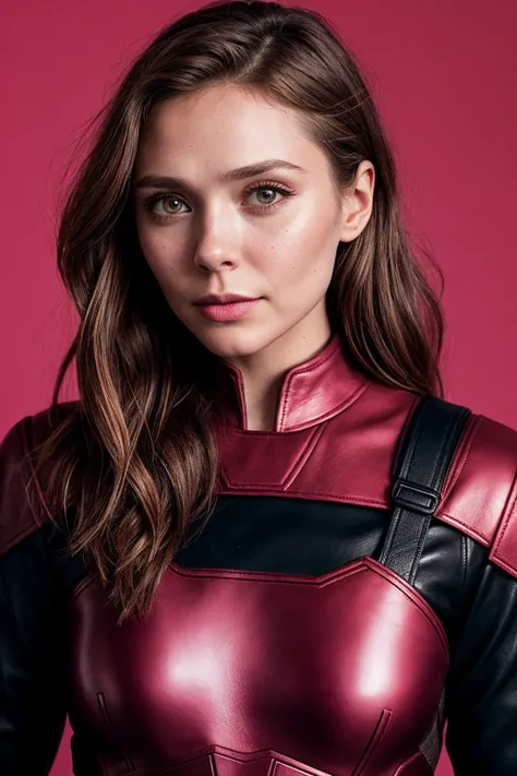 photo of (el10lsen-130:0.99), closeup portrait, perfect short hair, (modern photo, red leather superhero outfit), 24mm, (analog, cinematic, film grain:1.3), ((plain Hot Pink background, gradient:1.1)), detailed eyes, (seductive pose), (epicPhoto), upper bo...