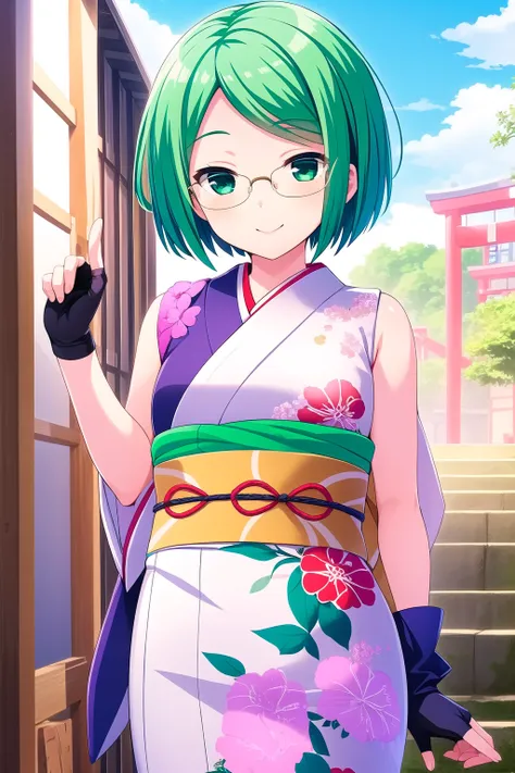 (masterpiece, best quality), highly detailed background, perfect lightingbest quality, touyamamisuzu, solo, outdoors, ninja, green hair, short hair, glasses, green eyes, sleeveless kimono, short kimono, green kimono, floral print, sash, <lora:GoodHands-van...