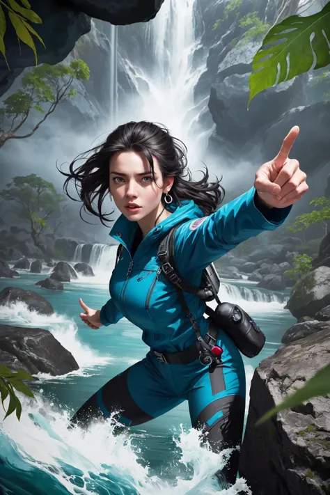 (Style-DA:1) dramatic pov, artistic portrait, digital painting of a woman wearing explorer clothes, tactical gear, pointing at the viewer in a colorful tropical jungle, waterfall and large boulders, (foreground:1.3), color grading (masterpiece) (best quali...