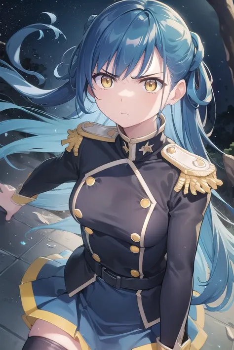 himariazuma, <lora:himari azuma manga-lora-nochekaiser:1>,
himari azuma, long hair, hair rings, (blue hair:1.5), (yellow eyes:1.5), frown, angry,
BREAK skirt, thighhighs, epaulettes, military, military uniform, black uniform,
BREAK outdoors, space, starry ...