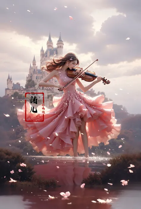 (A girl in a dress is in the air:1.3), playing a violin, (wide shot, wide-angle lens,Panoramic:1.2),super vista, super wide AngleLow Angle shooting, super wide lens, Castle background
violinbare shoulderspetalspink dressfrom belowblurry foreground ...