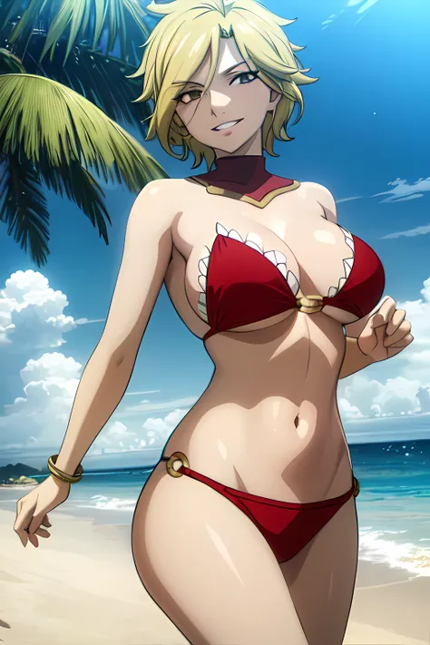 masterpiece, absurdres , (intricate details), (colorful),cinematic lighting,bust shot,extremely detailed CG unity 8k wallpaper, <lora:dimaria-051:1> dimariayesta, bikini, o-ring, beach, summer, sunlight, ocean,wind, cloudy sky, palm tree, smile, parted lip...