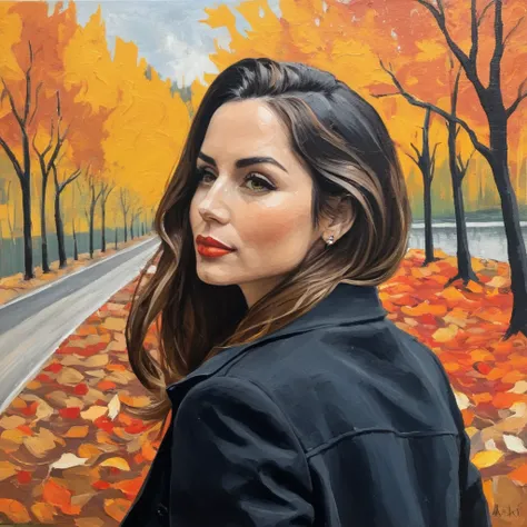 (Abstract) sketch of a woman in the fall season, oil on canvas