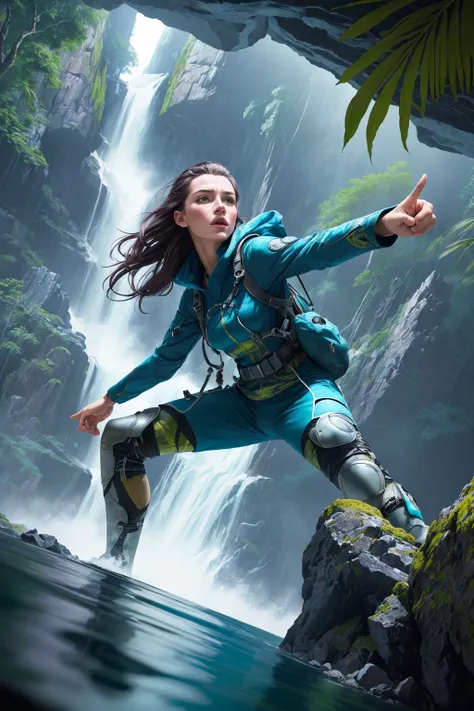 (Style-DA:1.3) dramatic pov, artistic portrait, digital painting of a woman wearing explorer clothes, tactical gear, pointing at the viewer in a colorful tropical jungle, waterfall and large boulders, (foreground:1.3), color grading (masterpiece) (best qua...