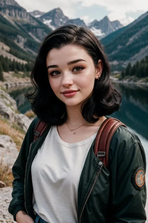 ((selfie)) photo of miaalves, smiling, outdoors, mountains, wearing a backpack, sweater, and hiking jacket, rocks, river, wood, analog style (look at viewer:1.2) (skin texture), close up, cinematic light, sidelighting, Fujiflim XT3, DSLR, 50mm, epiCPhoto