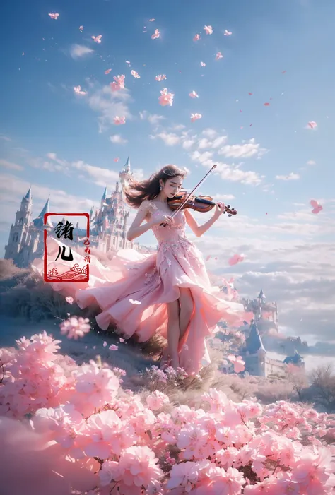 (A girl in a dress is in the air:1.3), playing a violin, (wide shot, wide-angle lens,Panoramic:1.2),super vista, super wide AngleLow Angle shooting, super wide lens, Castle background
violinbare shoulderspetalspink dressfrom belowblurry foreground ...